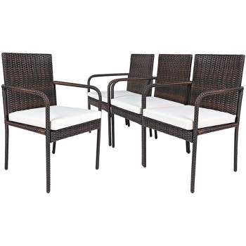 Tangkula 4-Piece Outdoor Rattan Wicker Dining Chairs with Armrests & Soft Cushions
