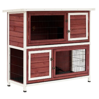 PawHut 48" 2-Story Wooden Rabbit Hutch Elevated Bunny Cage Small Animal Habitat Guinea Pig House with Ramp, No Leak Tray and Weatherproof & Openable Top, Outdoor/Indoor