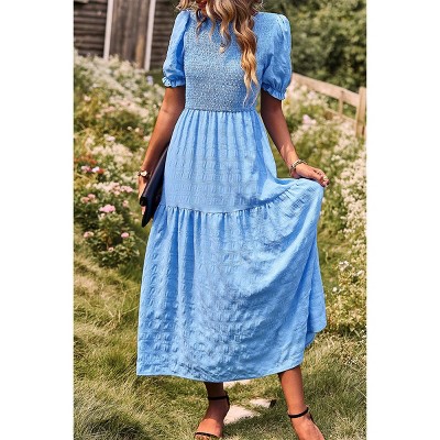 Women's Puff Short Sleeve Smocked Midi Dress Casual Summer Floral Print Elastic Waist Tiered A Line Maxi Dress