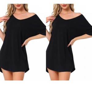 INSPIRE CHIC Women's 2 Pcs Soft V-Neck Curved-Hem Cozy Oversized Nightshirt with Chest Pocket - 1 of 4