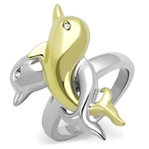 Slickblue Women's Dolphin Stainless Steel Ring with Synthetic Clear Crystals, Two-Tone IP Gold Finish, size 5–10 - 1 of 4