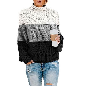 Womens Winter Fall Solid Balloon Long Sleeve Turtleneck High Neck Sweaters Pullover Outerwear Color Block Casual Shirt Top Black XL - 1 of 4