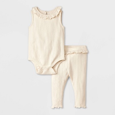 Baby Girls' Pointelle Ribbed Romper & Leggings Set - Cloud Island™ Cream 12M