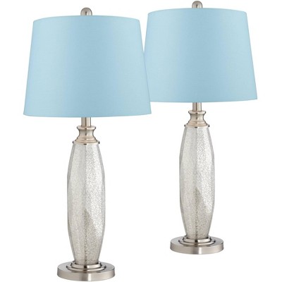 360 Lighting Coastal Modern Table Lamps Set of 2 Mercury Glass Nickel Light Blue Hardback Drum Shade for Living Room Bedroom House