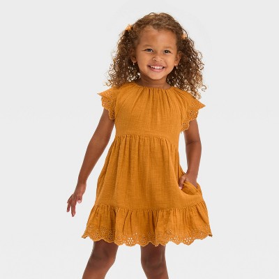 Image of Toddler Girls' Short Sleeve Embroidered Floral Dress - Cat & Jack™ Yellow 3T