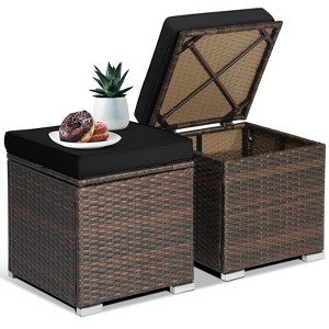 Tangkula 2PCS Rattan Ottomans Seat Side Table Storage Box Footstool w/ Black Cushion Patio - 1 of 4