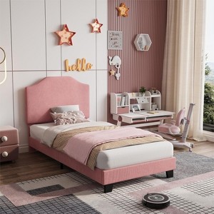 Kids Twin Bed Frame with Corduroy Headboard, Modern Wrap-Around Design, Suitable for Boys and Girls Teenagers - 1 of 4