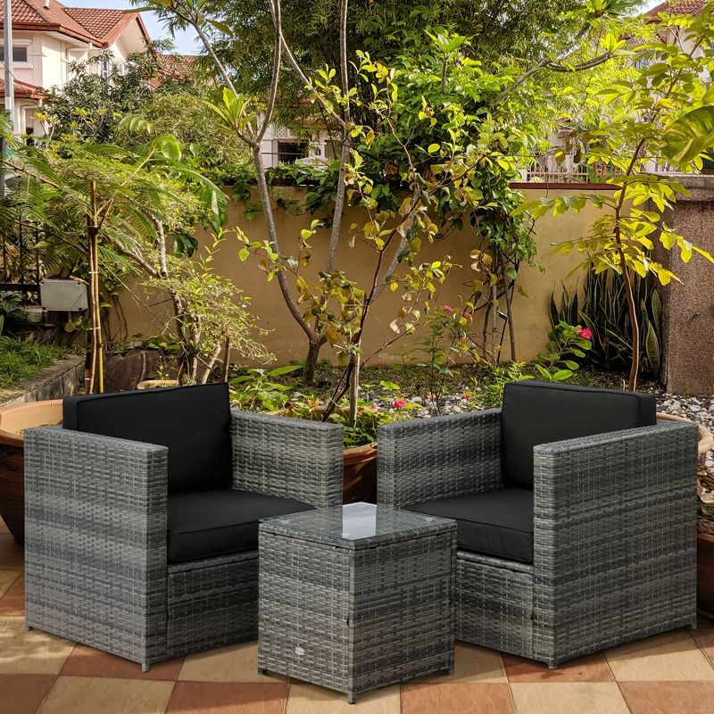 Outsunny 3 Piece Wicker Bistro Patio Set for 2, Rattan Porch Chairs, Cushions, Glass Side table, Garden or Balcony Furniture Conversation Set, 2 of 7