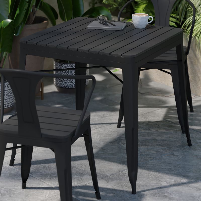 Flash Furniture Helvey 31.5" Square Commercial Grade Indoor/Outdoor Black Steel Patio Dining Table for 4 with Black Poly Resin Slatted Top, 5 of 13