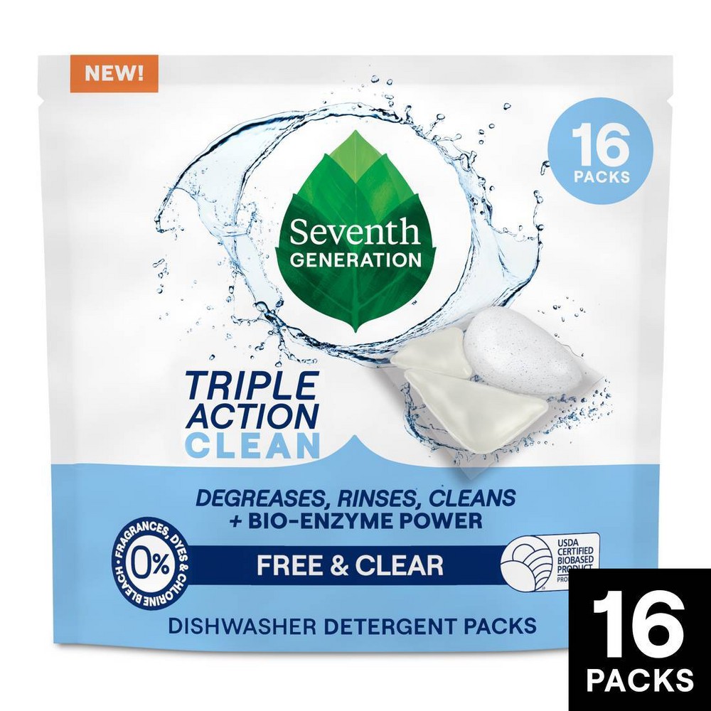Seventh Generation Triple Action Clean Dishwasher Detergent Packets - 16ct: Unscented, No Fragrance Added, Dye-Free, Bleach-Free