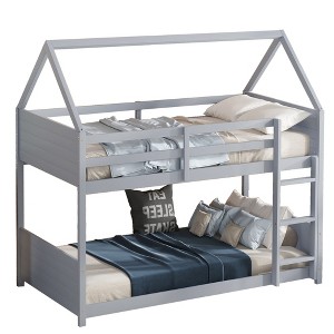 YOOCOZZ Twin over Twin House Floor Bunk Bed with Safety Guardrails and Headboards - 1 of 4