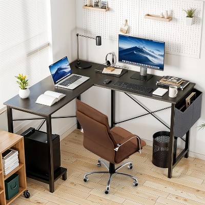 CAVINAS Home Office Desk L-Shaped Gaming Desk with Side Storage Pocket and CPU Bracket for Work, Game