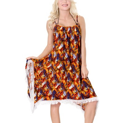 LA LEELA Women's Beachwear Swimsuit Coverups for Women Summer Swim Beach Cover Ups for Swimwear Women Flowy Sleeveless Dress 16-18 Orange, Abstract