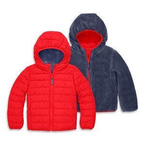 Primary Kids Reversible Fleece Puffer Jacket in Tomato Sunwashed