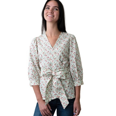 Hope & Henry Womens' Puff Sleeve Wrap Top (Ivory Meadow Floral, 2)