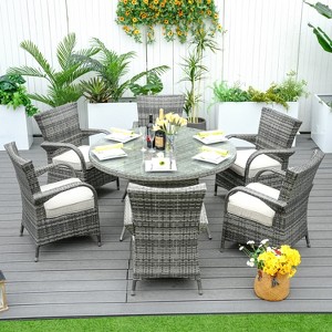 Moda Furnishings 6 - Person All-Weather Wicker Patio Outdoor Dining Set with Round Table, Cushions Included - 1 of 4