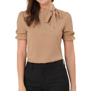 INSPIRE CHIC Women's Bow Tie Neck Solid Color Elastic Cuffs Elegant Office Short Sleeve Blouse - 1 of 4