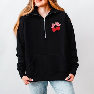 Cherry Hearts Pink Bow Patchwork Print - Women's Quarter Zip Fleece Graphic Sweatshirt - 1 of 4