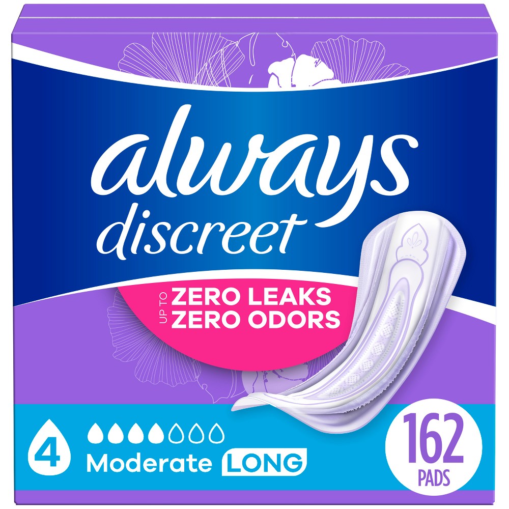 Always Discreet Moderate Long Absorbency 4 Drop Base Pads - 162ct