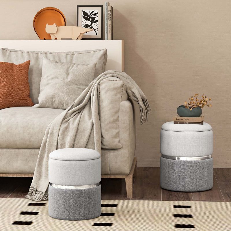 Costway Linen Fabric Storage Ottoman Set of 2 Modern Round Ottoman with Storage for Bedroom, 4 of 9