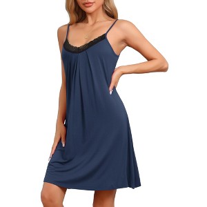 cheibear Women's Modal Sleeveless Spaghetti Strap Lace Nightgown Loungewear - 1 of 4