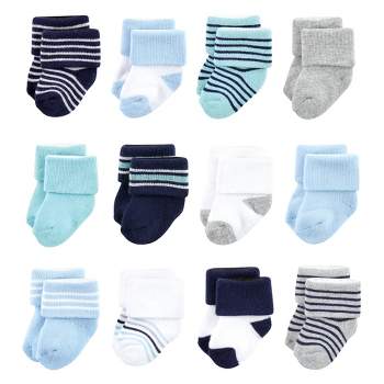 Luvable Friends Baby Boy Newborn and Baby Terry Socks, Mint Navy Stripes 12-Pack