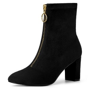 Allegra K Women's Front Zipper Chunky High Heel Ankle Boots - 1 of 4
