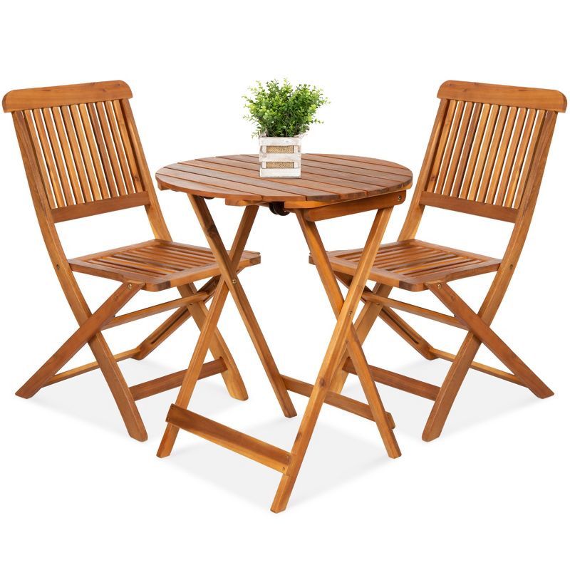 Best Choice Products 3-Piece Acacia Wood Bistro Set, Folding Patio Furniture w/ 2 Chairs, Table, Teak Finish - Natural, 1 of 8