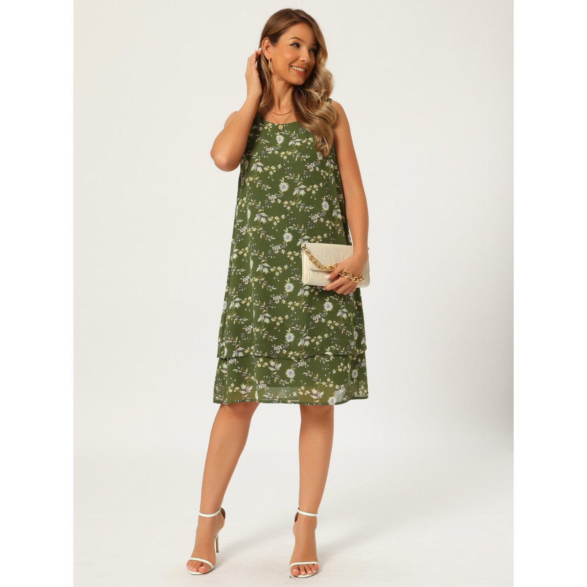 Женские платья INSPIRE CHIC Women's Chiffon Sleeveless Floral Print Crewneck Tiered Layered Flowy Dress Large Green — фото 4