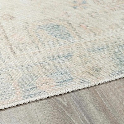 Light Blue and Cream Polyester Rectangular Washable Area Rug