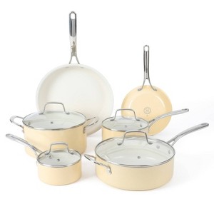 Martha Stewart 10pc Lockton Ceramic Interior Cookware Set Butter Cream: Skillets, Sauce & Fry Pans, Gas & Induction Compatible - 1 of 4