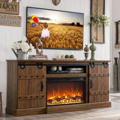 TV Stand with Fireplace for 75 80 Inch TV, 32" Tall Farmhouse Highboy Entertainment Center with Sliding Barn Doors for Living Room