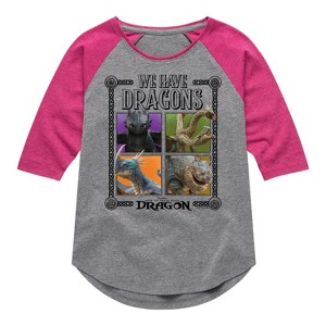Girls' - How to Train Your Dragon - We Have Dragons Shirt Tail Raglan Graphic T-shirt - 1 of 3