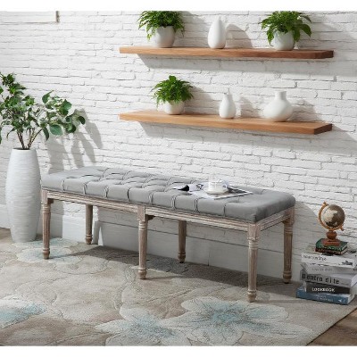 Kumasinova 56" French Vintage Style Entryway Bench,Tufted End of Bed Bench with Carved Details,Window Bench Seat for Bedroom,Living Room,Grey