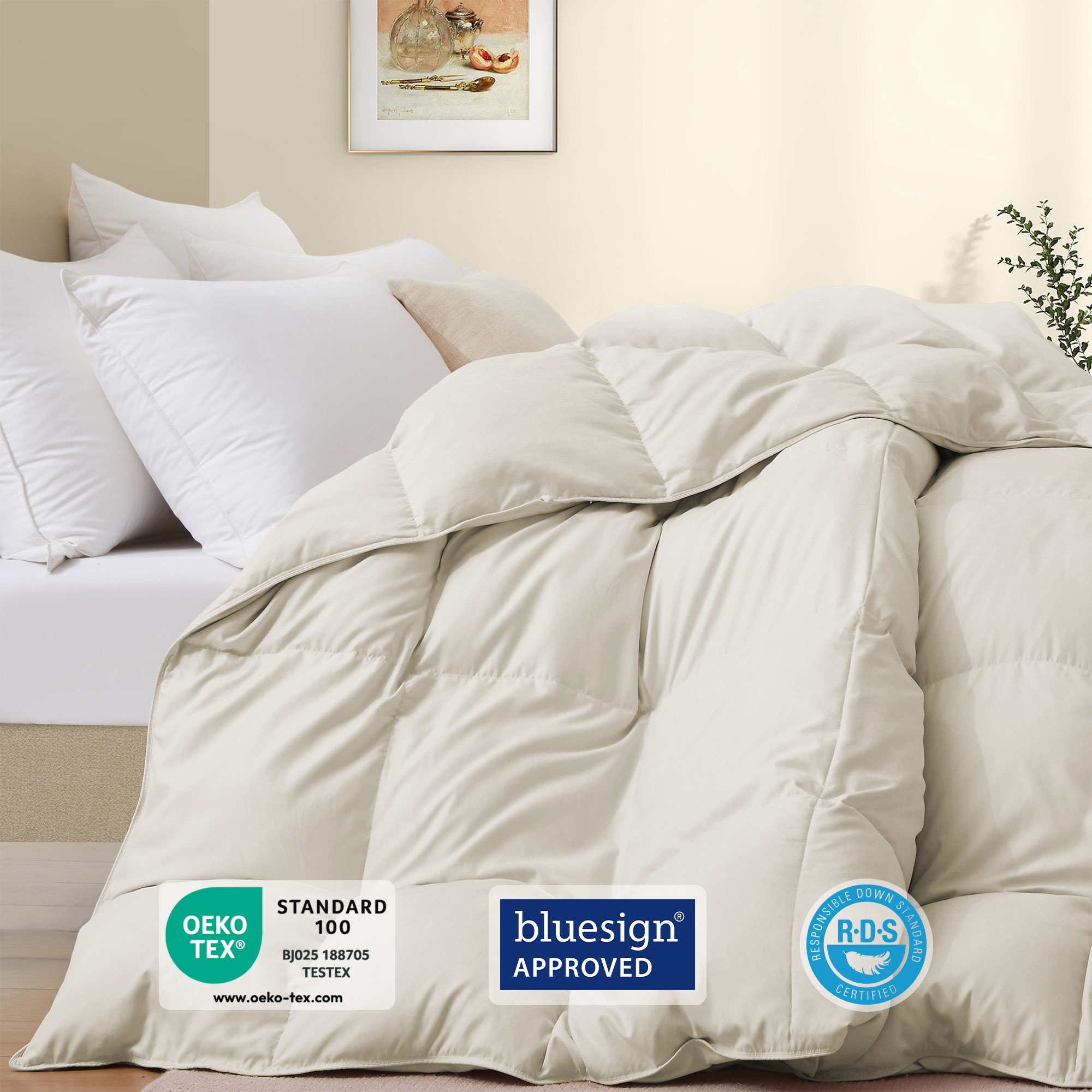 Peace Nest Ultra Soft Noiseless Down Comforter, Natural All Season Duvet Insert, Beige, King, 104x88"
