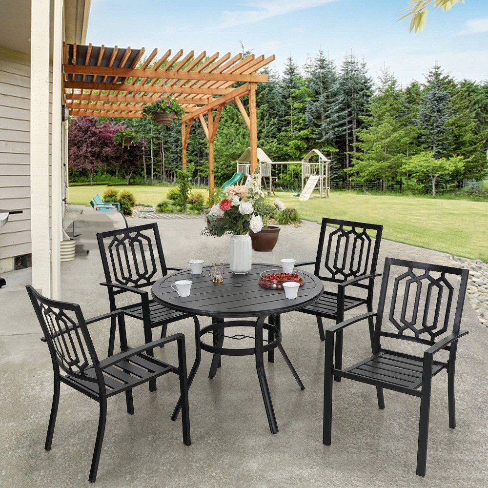 5pc Patio Dining Set with Round Table & Steel Arm Chairs with Hexagon Shaped Back Captiva Designs