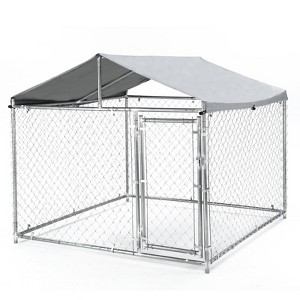 Large Metal Dog Kennel, Heavy Duty Dog Cage with Roof, Lock, Galvanized Chain Link Crate with Waterproof Cover, for Patio, Yard and Living Room - 1 of 4