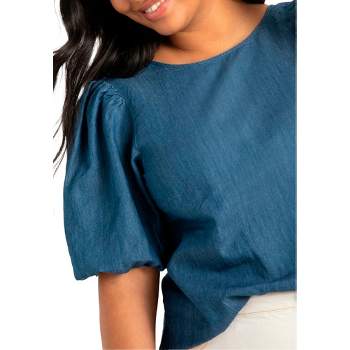 ELOQUII Women's Plus Size Denim Puff Sleeve Top