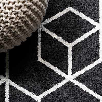 Mid-Century Geometric Black and White Synthetic Area Rug