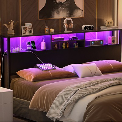 Aheaplus Storage Headboard with Power Outlets & Led Lights, Height Adjustable, Reversible Headboard