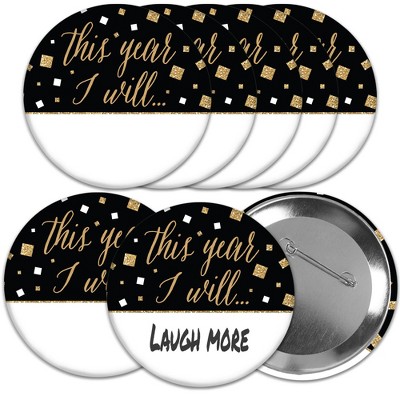 Big Dot of Happiness New Year's Eve - Gold - 3 inch New Years Eve Resolution Party Badge - Pinback Buttons - Set of 8