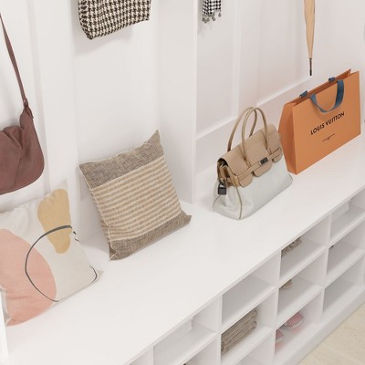 White MDF Wide Hall Tree with Shoe Cubbies and Hooks