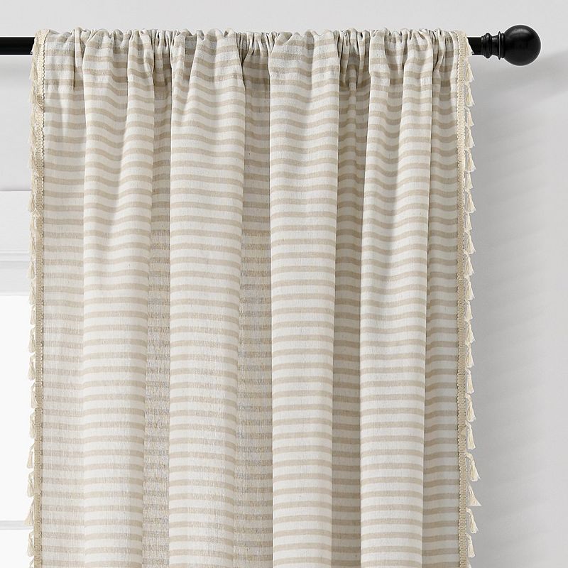 Boho Coastal Horizontal Ticking Stripe Tassel Window Curtain Panels Neutral 52X84 Set, 2 of 6