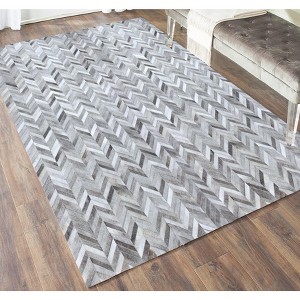 Home Mart Goods Grey Beige Patchwork Leather Cowhide Cow Skin Modern Geometric Handmade Area Rug - 1 of 4