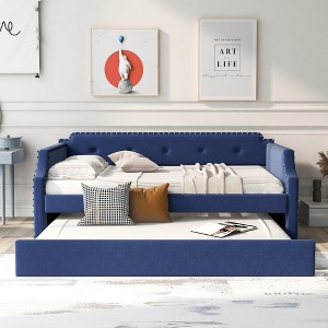 Whisen Twin Size Upholstered Daybed with Trundle, Wood Slat Support, Upholstered Frame Sofa Bed - 1 of 4