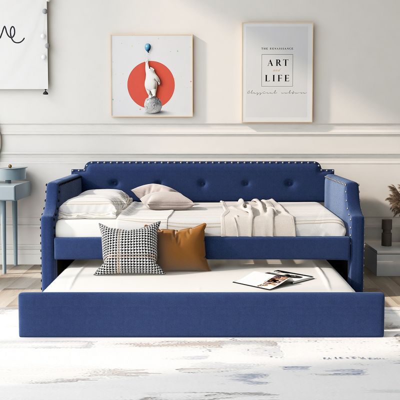 Twin Size Wood Daybed with Trundle Bed, Upholstered Sofa Bed-ModernLuxe, 2 of 11