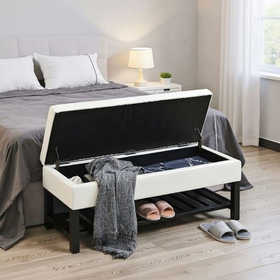 Resenkos 44" Tufted Faux Leather Ottoman Storage Bench with Shoe Rack, White