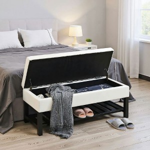 Resenkos 44" Tufted Faux Leather Ottoman Storage Bench with Shoe Rack, White - 1 of 4