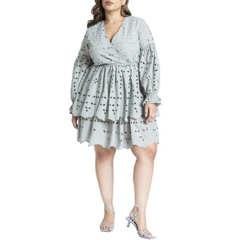 Eloquii Women's Plus Size Eyelet Flare Mini Dress - 30, Grey Spruce ...