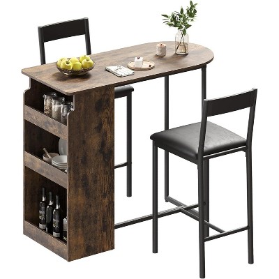 Bar Table and Chair Set, Semi-Circular Retro Palette Tabletop with 3 Tier Storage Shelves, 2 Leather Upholstered Seats, Modern Bar Furniture for Home